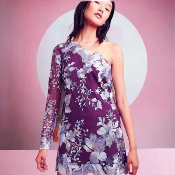 Free People | Dresses | 25 Free People Embroidered One Shoulder Mini Dress  0 Xxs Xs Wine Mesh Nwt | Poshmark